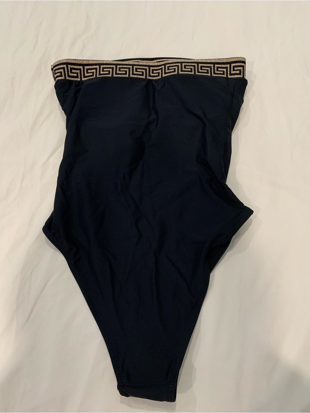Black and Gold Strapless One-Piece Swimsuit with Metallic Trim